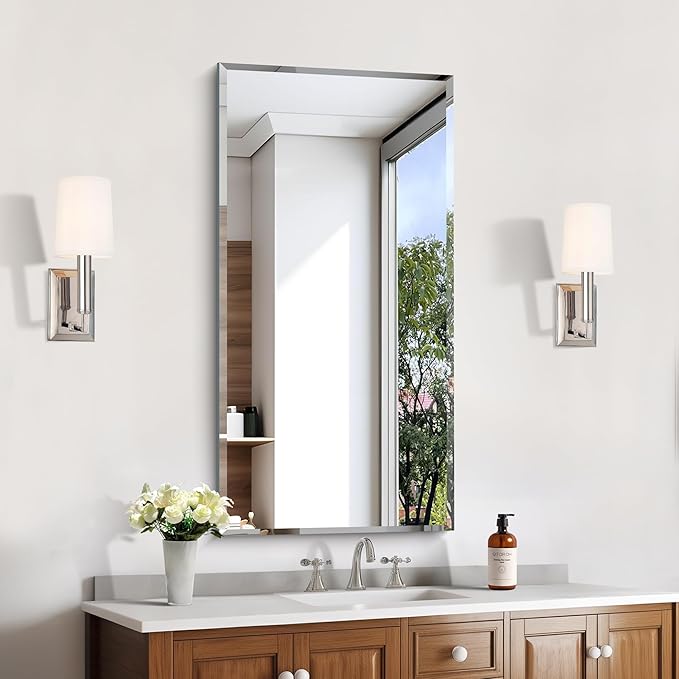 KOCUUY Beveled Mirror, 20x40 Inch Frameless Bathroom Mirror for Over Sink, Upgraded Shatterproof Beveled Unframed Design Mirror for Bathroom, Bedroom, Hang Horizontal/Vertical