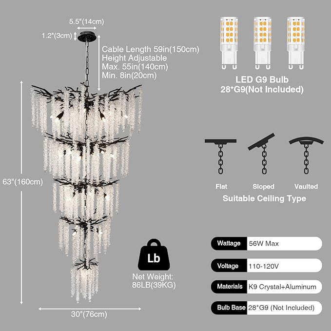 118'' Black Branch High Ceiling Chandelier, 28-Light Modern Long Tree Chandeliers, 3CCT Dimmable, Large Luxury Foyer Chandelier, Raindrop K9 Crystals Fixtures for Staircase, Entryway, Living Room