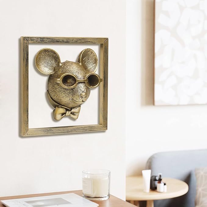 Newinhome Animal Heads Wall Decoration (Gift Metal Frame) Resin Animals Sculptures Head Wall Hanging Decor Gold vintage Wall Sculpture for Living Room Bedroom Office(Rat)