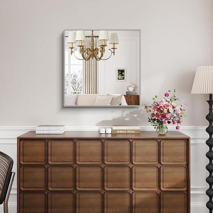 KOCUUY Silver Framed Mirror, 30"x30" Rectangle Bathroom Mirror for Wall, HD Tempered Glass, Anti-Rust Brushed Silver Frame, Modern Design for Bathroom, Bedroom, Living Room, Entryway