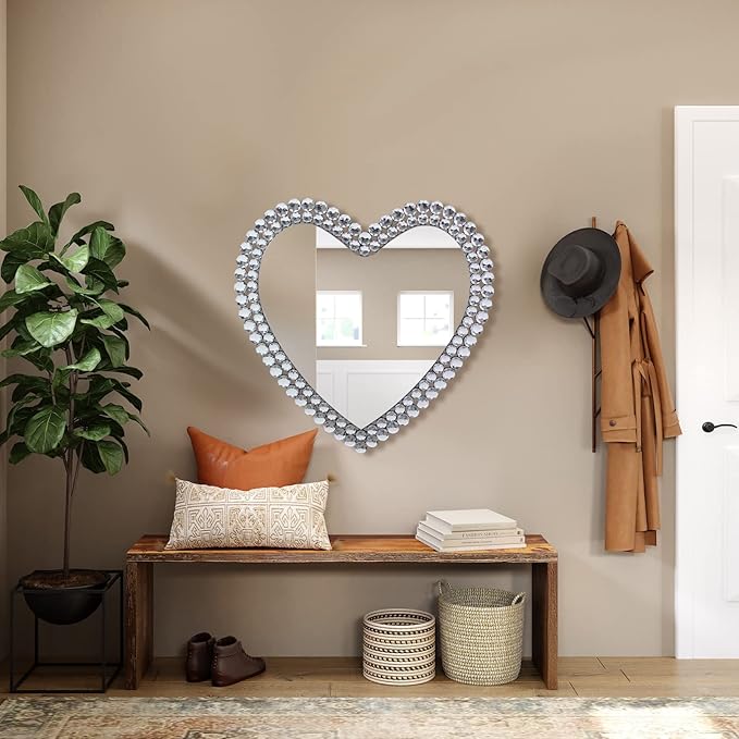 BST Furnishings Heart Shaped Mirror - 24 Inch Decorative Wall Mirror with Crystal Framed Heart