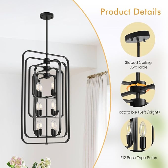 Black Chandelier, 12-Light Farmhouse Chandelier for Entryway, Modern Foyer Lighting Fixtures, Foyer Chandeliers for High Ceilings, Hanging Pendant Lights for Living Room, Staircase, Entry