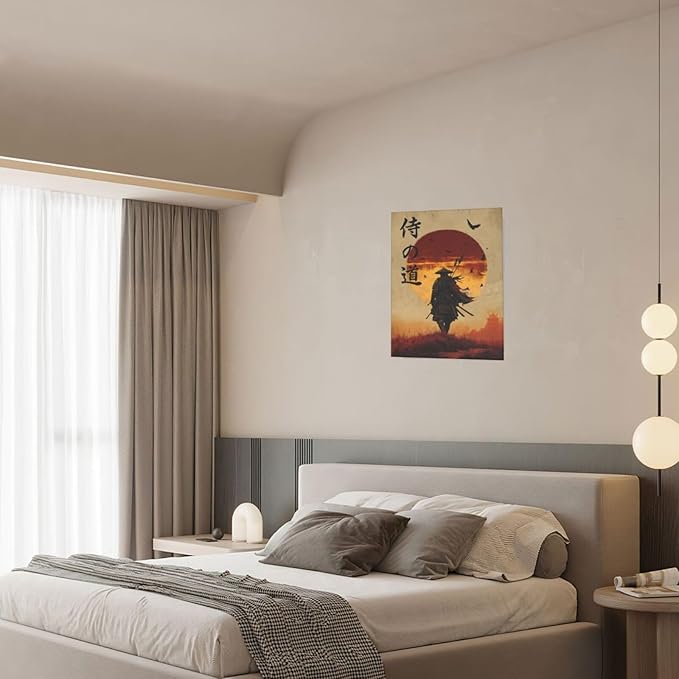 Japanese Samurai Wall Art Oriental Asian Bushido Wall Decor Warrior Figure Canvas Pictures Paintings Prints Japan Traditional Aesthetic Artwork Framed Decorations For Bedroom Living Room Office Gifts 12" x 16"