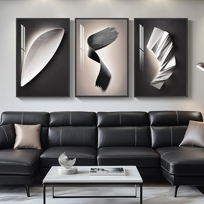 Large Framed Modern Wall Art 3 Piece Set, Black and White Abstract Paintings Artwork, Contemporary Trendy Geometric Luxury Bright Style Pictures Prints for Living Room Hallway and Office 24x36 Inch