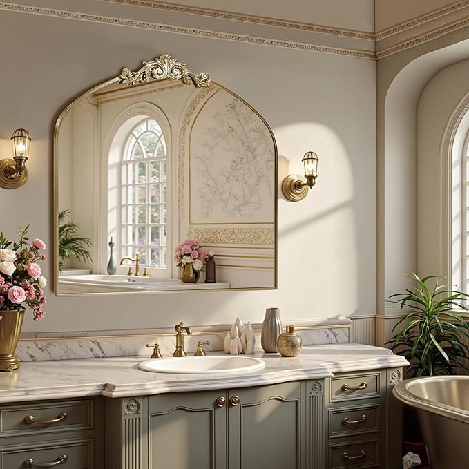 MISSDAY Vintage Arched Baroque Mirror for Wall, 36"X30" Antique Wall Mirror with Elegant Carving Top, Full Metal Frame Wall-Mounted Mirror for Bathroom, Living Room, Fireplace, Entryway, Retro Gold