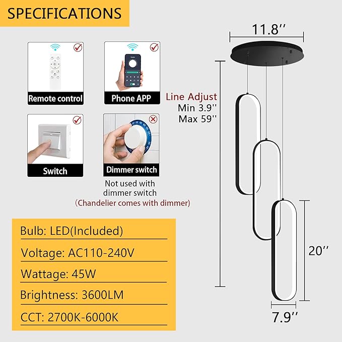 Modern Ring Chandelier LED Dimmable Flush Mount Ceiling Light for Foyer Living Room Staircaes Black