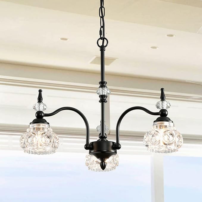 Black Chandelier, 3-Light Crystal Chandeliers for Dining Room, Farmhouse Dining Room Light Fixture, Dining Room Light Fixtures Over Table, Modern Hanging Pendant Lights for Bedroom, Kitchen Island