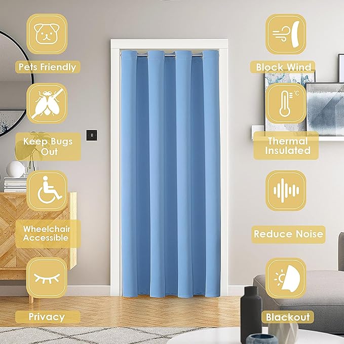 ChrisDowa Blackout Door Curtains for Doorway Privacy, Grommet Closet Curtains for Bedroom Closet Door, Thermal Insulated Temporary Doorway Cover Room Divider Drapes (1 Panel, Sky Blue, 42 x 80 Inch)