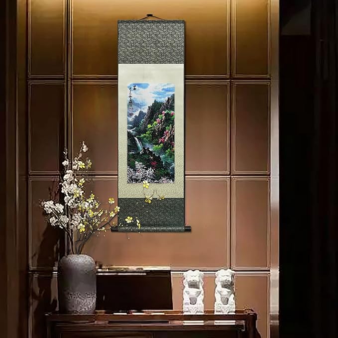 AtfArt Asian Wall Decor - Beautiful Silk Scroll Painting of Four Seasons Landscape - Summer, Autumn, Winter-Spring - Oriental Decor - Chinese Art - 36.2 x 12in (Spring)