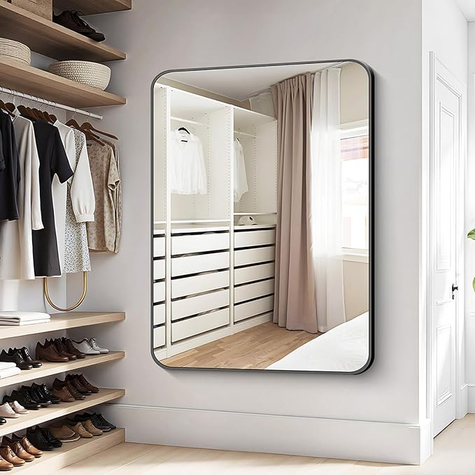 KOCUUY 40"x48" Large Rectangle Vanity Mirror, Black Metal Frame Mirror with Rounded Corner, Modern Design of Upgraded Shatterproof Glass for Bathroom, Bedroom, Living Room, Entryway