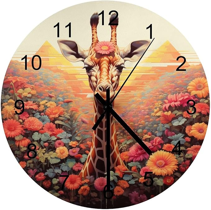 Cartoon Giraffe-Themed Round Wall Clock, Watercolor Flower Giraffe Cute Dream Children's Personalized Theme Decoration, Giraffe-Style Room, Living, Kitchen Wooden Silent Clock 12x12INCH