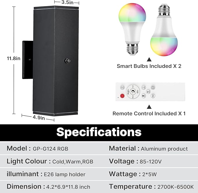 Outdoor Wall Lights 1 Pack, RGBCW Exterior Lighting Sconce,2700K-6500K Dimmable Smart Porch Lights Outdoor for House Patio Garage, Compatible with Alexa/Google Assistant, Bulb Included