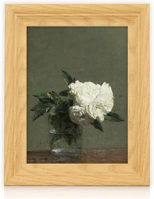 Brivoria Framed Canvas Wall Art Vintage Decor, White Roses in Glass Vase Realist Still Life Painting with Olive Green Background for Bedroom Bathroom Entryway Kitchen Decor, 8"x10"