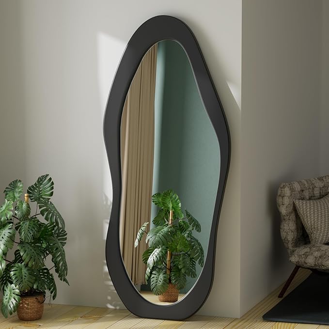67" x 30" Irregular Wavy Full Body Mirror - Wooden Framed, Hanging/Leaning Wall Mounted for Cloakroom/Bedroom/Living Room