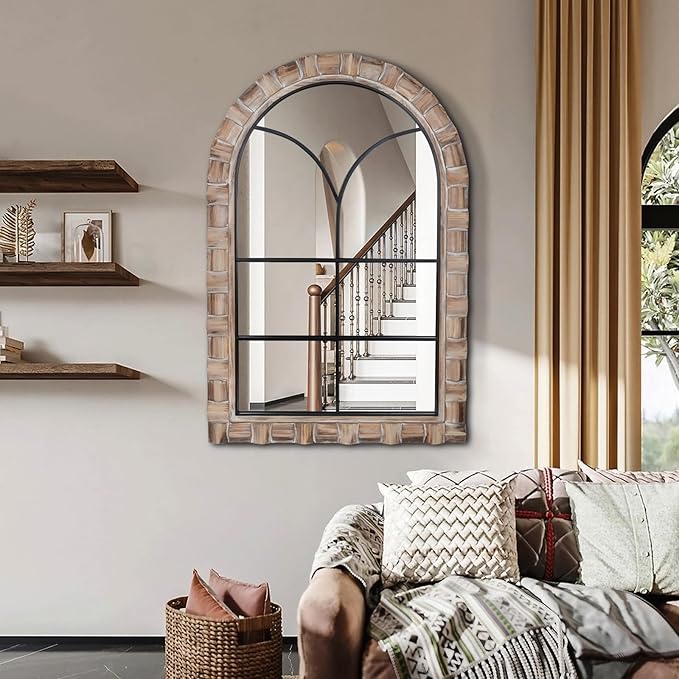 36x24 inches Dark Wood Arched Mirrors for Wall, Farmhouse Decorative Arch Mirror for Bedroom, Living Room, Bathroom, Entryway - Hanging or Leaning