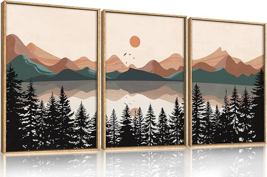 KAIRNE Boho Mountain Wall Art Set of 3-24x36 Inch Framed Canvas Prints, Mountain Lake Sunrise Landscape with Pine Trees, Mid Century Modern Nature Decor for Living Room, Bedroom, Home Office