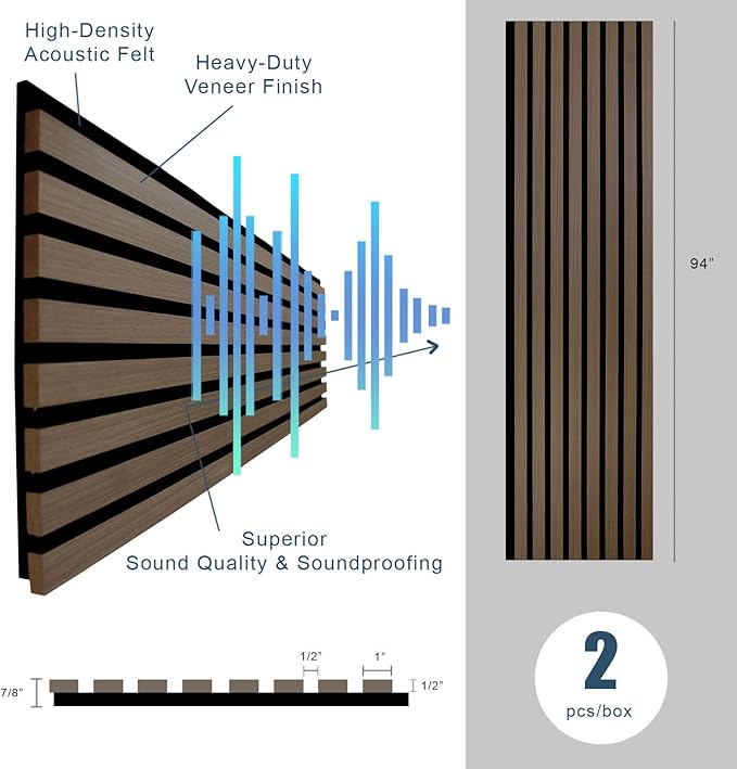 2 Pack – 94” x 12.6” 3D Acoustic Slat Wood Wall Panels | Soundproof Decorative Wall & Ceiling Panels | Modern Noise-Reducing Acoustic Paneling for Home, Office & Studio (Driftwood)