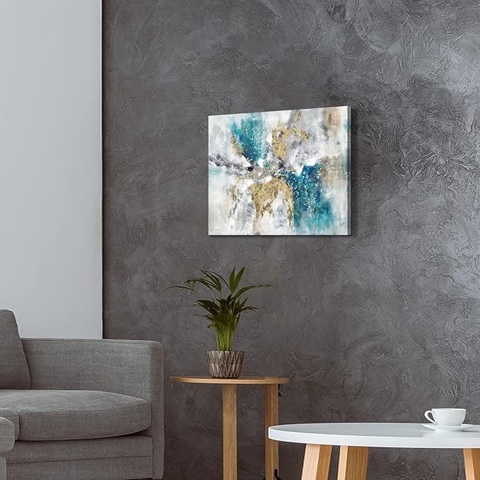 Abstract Teal Blue Canvas Wall Art: Gray White Colorful Minimalist Artwork Modern Glitter Gold Foil Painting for Bedroom