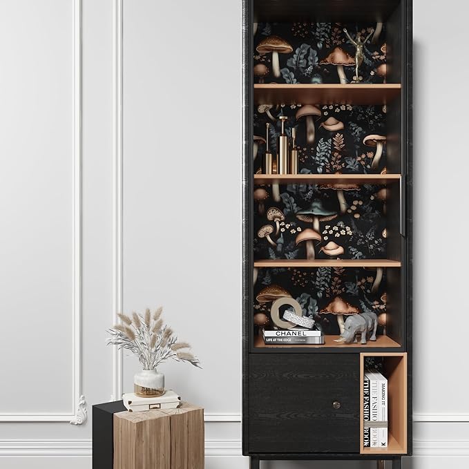 Mushroom Peel and Stick Wallpaper - Black Leaf Vintage Contact Paper Boho Dark Flower Wall Paper Removable Self Adhesive for Cabinet Drawers - 17.5''x393''