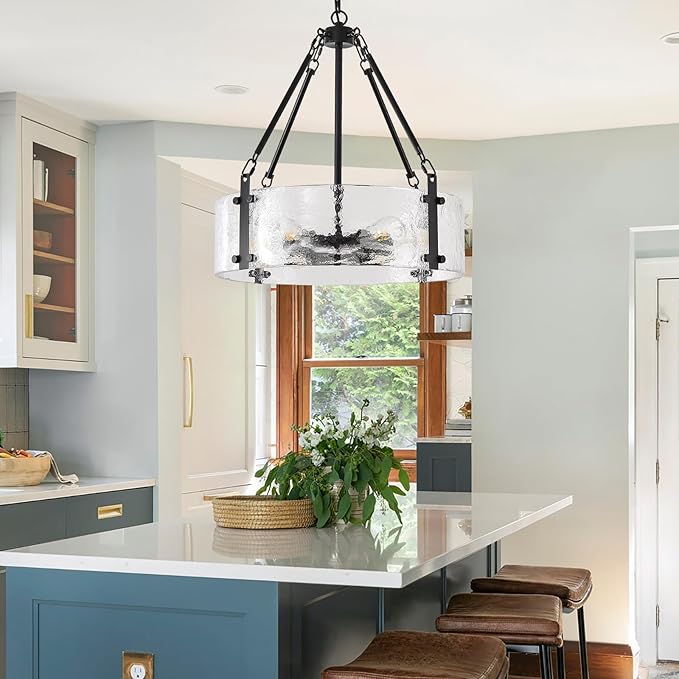 Black Dining Room Chandelier 20” Modern Textured Glass Chandelier 6-Light Drum Crystal Light Fixture Vintage Farmhouse Round Hanging Lighting for Kitchen Island Over Table