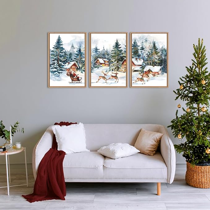 Christmas Santa Sleigh Deer Framed Canvas Wall Art Set, Reindeer Design Decor, Winter Snow Forest Tree Wall Painting, Christmas Art Print for Living Room, Bedroom, Office 16"x24"x3