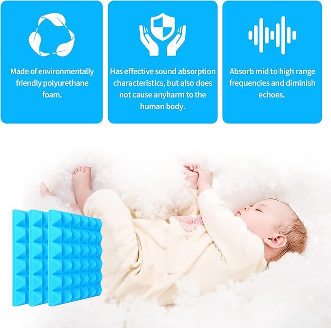 Musfunny Sound Proof Acoustic Foam Panels, 12 Pcs 2" x 12" x 12" Acoustic Panels Sound Absorbing Wall Panels for Studio Recording Office Home Studio (Blue)