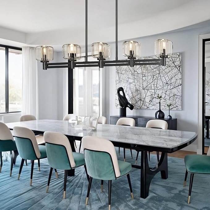 Modern Crystal Chandelier, 54" Black Rectangle Chandeliers for Dining Room, 5-Light Kitchen Island Lighting, Light Fixtures Over Table,Pendant Lighting Fixture for Dining Room Bedroom