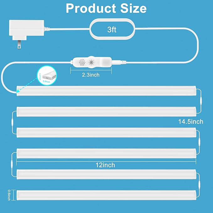 Maylit Under Cabinet Lights Plug in, 6 Pcs 12 Inch Ultra Thin Under Cabinet Lighting, Super Bright Daylight White Under Counter Lights for Kitchen, Dimmable Light for Cabinet, Counter, Workbench, Desk