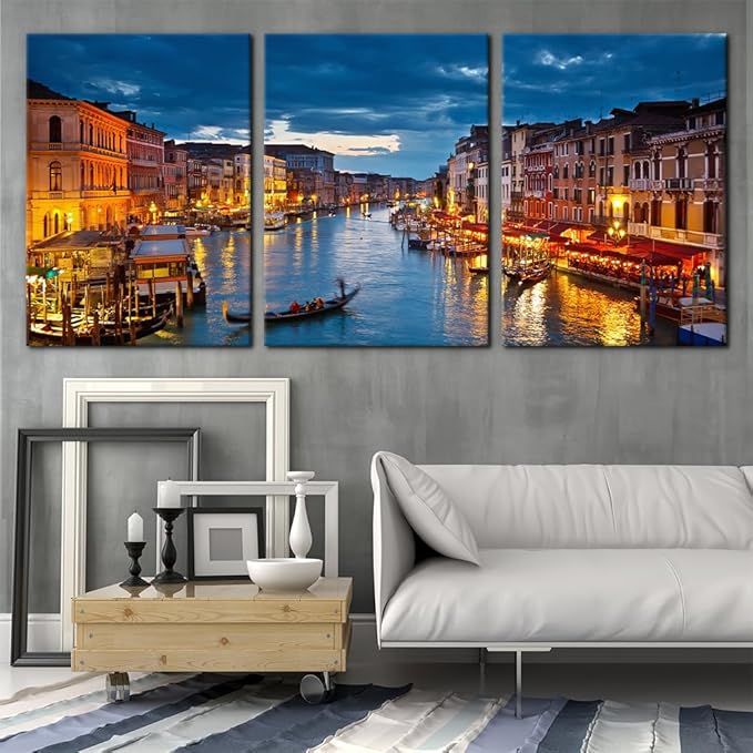 Pacimo 3 Piece Venice Night View Giclee Canvas Prints Wall Art Italy Venice Grand Canal at Night Picture Painting Print on Canvas Poster Modern Artwork Stretch and Framed Ready to Hang - 20"x28"x3