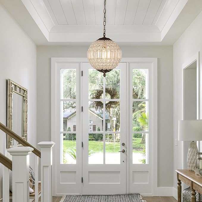 Antique Crystal Globe Chandelier, 11.8" Vintage Small Sphere Chandelier Crystal Pendant Light Fixture for Foyer Dining Room Kitchen Island Bronze