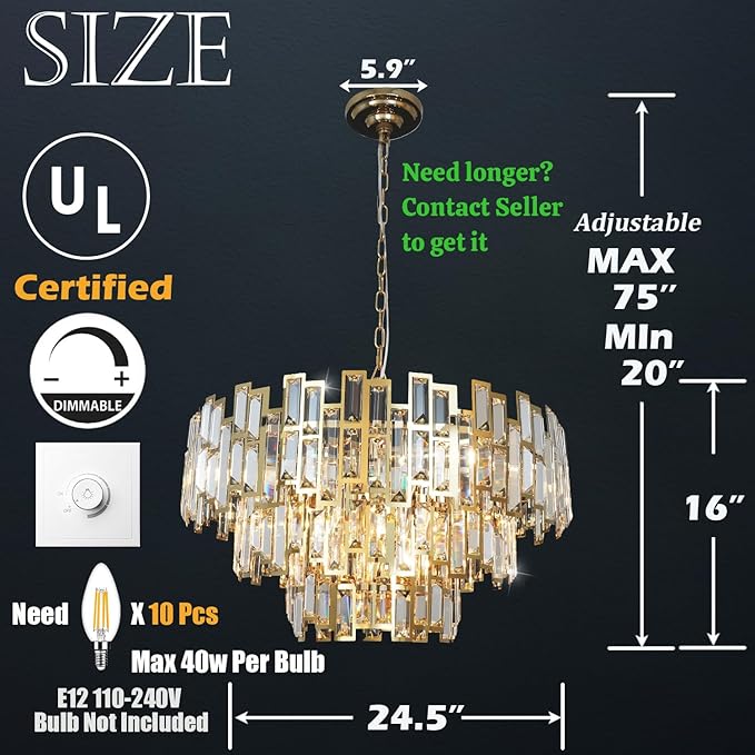 Modern Crystal Chandelier Gold Round Chandelier for Dining Room 10 Light Ceiling Pendant Light Fixture Luxury Gold Hanging Lighting for Bedroom Living Room