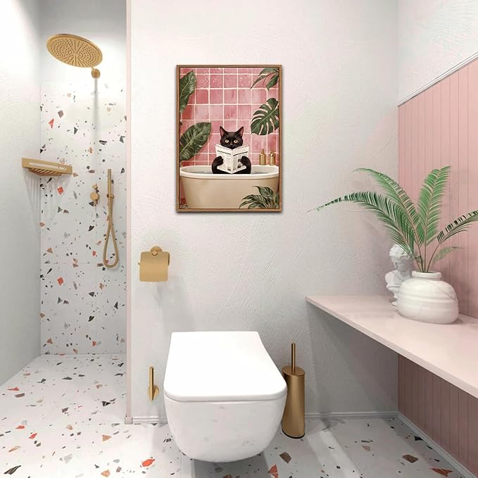 CHDITB Bathroom Black Cat Framed Canvas Wall Art Set, Funny Bathroom Wall Decor, Pink Green Toilet Artwork Black Cat Toilet Wall Painting, Tropical Art Prints Modern Home Decor - Large Size 16"x24"x3