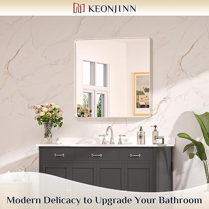 Keonjinn 30 x 30 Inch Brushed Nickel Bathroom Mirrors for Over Sink, Rounded Rectangle Silver Bathroom Vanity Mirror, Square Farmhouse Mirror for Wall, HD Tempered Glass, Aluminum Alloy Frame