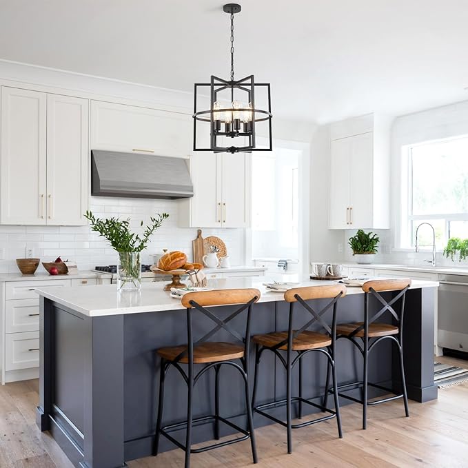 6-Light Black Farmhouse Chandelier for Dining Room, 19'' Modern Industrial Metal Cage Adjustable Hanging Pendant Light for Kitchen Island, Entryway, Hallway, Bedroom