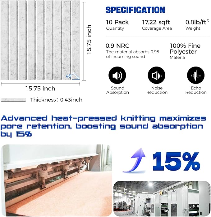 10 Pack Large Self-Adhesive Soundproof Wall Panels, 15.7 x 15.7 x 0.4in Sound Proof Foam Panels for Walls, 0.9lb/ft³ High Density,Acoustic Panels, Sound Dampening Panels grey 0.95NRC