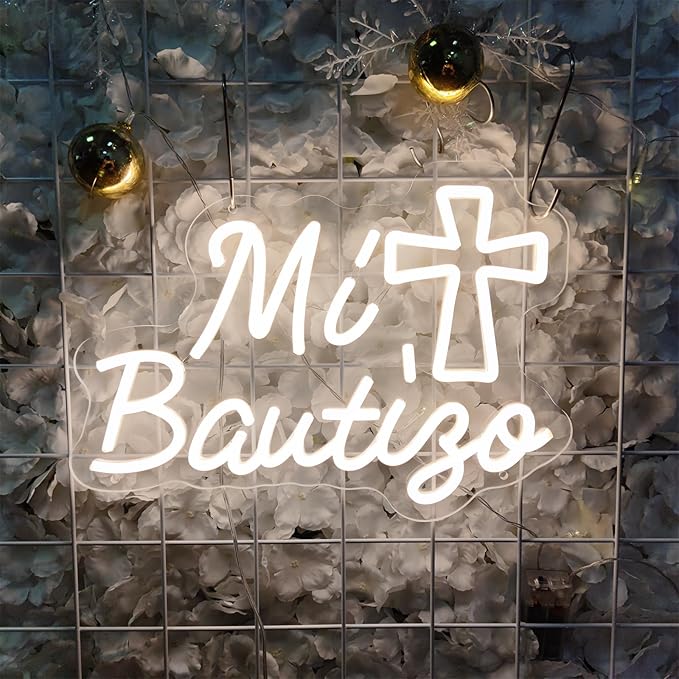 Mi Bautizo Neon Signs for Wall Decor, 14.2 * 10 Inches My Baptism Led Light Sign Perfect for Children's Birthday Party, Bedroom, Home, Room, Garden, Pub Bar, Easter, INSNEnN