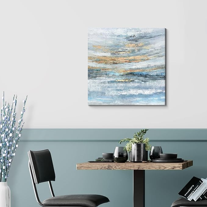 Abstract Canvas Wall Art Framed Light Blue Canvas Print Coastal Theme Artwork Modern Ocean Skyline and Sunset & Sunrise in the Seaside Large Sea Picture for Home Bedroom Decor 24x24inch