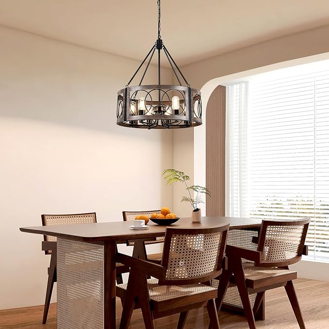 21.6'' Farmhouse Chandelier for Dining Room 6-Light Rustic Chandeliers Metal Black and Wood Grain Finish Drum Light Fixture for Bedroom Living Room Entryway Foyer Kitchen Island Lighting, E26