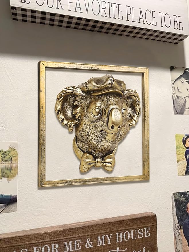 Animal Heads Wall Decor (Includes Metal Frame) Resin Animals Sculptures Head Wall Hanging Decoration Gold vintage Wall Sculpture for Living Room Bedroom Office(Koala)