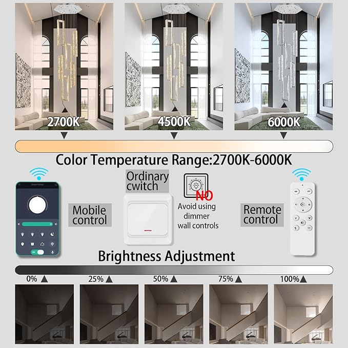 Modern Chandelier 6 Rings Silver Chandelier Lighting Fixture High Ceiling Chandelier Suitable for Living Room Staircase Villa