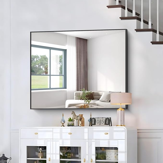 BONEWEI Bathroom Mirror,40x48 inch Bathroom Mirrors for Over Sink,Large Wall Mirror for Bathroom Wall Mounted Rectangle Mirrors,Black Vanity Mirror for Living Room,Bedroom Entryway,Horizontal/Vertical