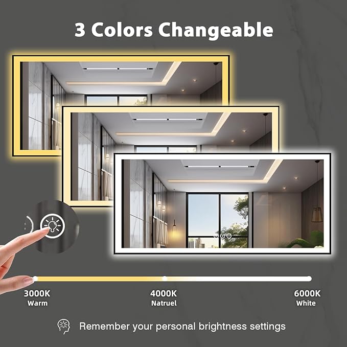 84x32 LED Bathroom Mirror, Black Aluminum Framed, Backlit + Front-Lit, 3 Colors Temperature Changeable, Dimmable Vanity Mirror, Tempered Glass, Defog, Waterproof, Memory (Horizontal/Vertical)