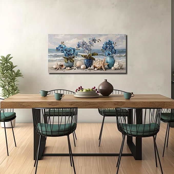 Blue Wall Art Beach Ocean Wall Decor Flower Canvas Art Coastal Seascape Pictures Floral Vase Poster Starfish Conch Shell Print Art for Bedroom Bathroom Living Room Office 20"x 40"