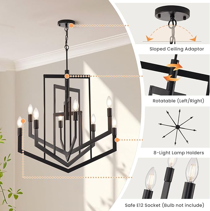 Black Farmhouse Chandelier,8-Light Modern Geometric Pendant Light Fixtures,Rustic Industrial Foyer Lighting Fixtures, Large Foyer Chandeliers for High Ceilings,for Kitchen Island,Staircase,Entryway