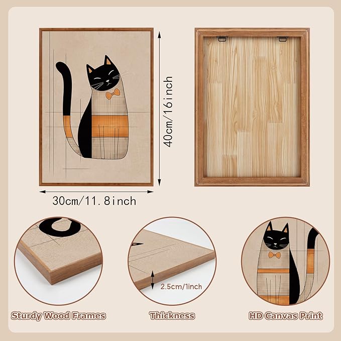 LHIUEM Boho Black Cats Wall Decor Vintage Cat Pictures Wall Art Set of 3(12”X16”) Whimsical Kitten Canvas Paintings Abstract Kitty Framed Art Gift Minimalist Bow Cat Posters for Room Office Aesthetic