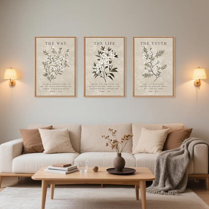 Christian Bible Verse Framed Canvas Wall Art Set,Modern Jesus Religious Wall Decor,Nature Scripture Flower Floral Artwork for Living Room,Bedroom,Prayer Room-16"x24"x3