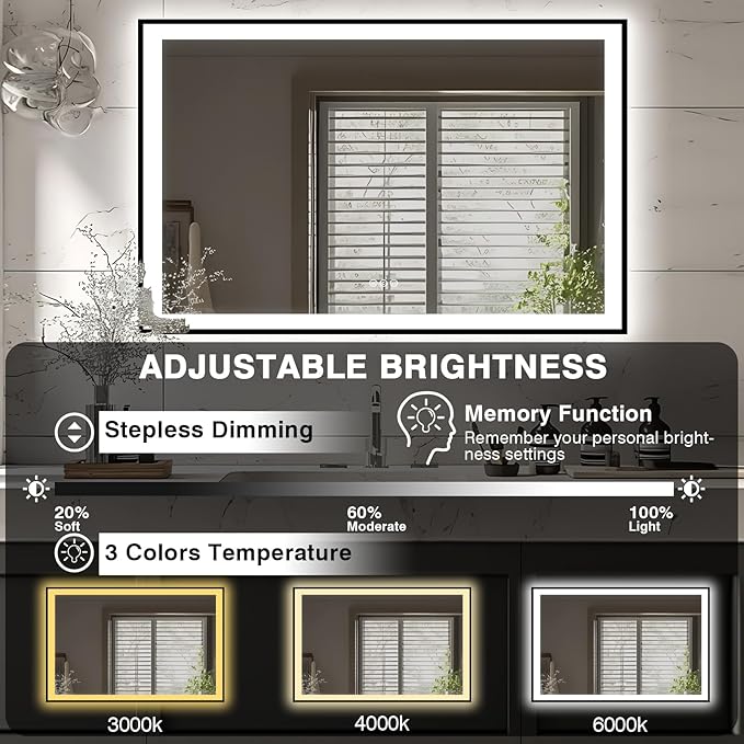 57x36 LED Light Mirror for Bathroom - Black Framed Mirror (Front and Backlit), Anti-Fog Bathroom Vanity Mirror, Stepless Dimmable Lighted Mirror, Tempered Glass, Memory (Horizontal/Vertical)