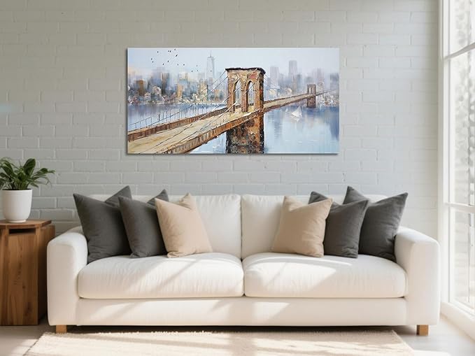 Arjun Brooklyn Bridge Canvas Wall Art New York Skyline City Painting, NYC Picture Textured Artwork Framed for Bedroom Living Room Home Office Wall Decor, Large 48"x24"
