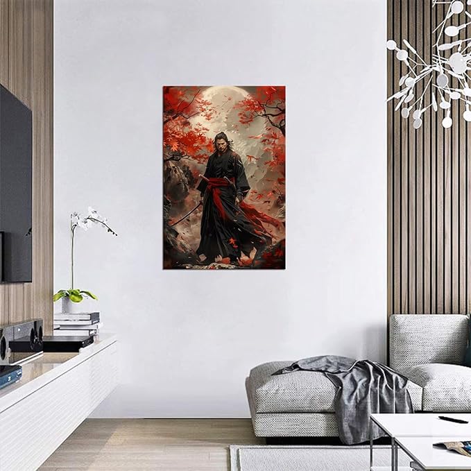 Oriental Samurai Wall Art Black and Red Warrior Wall Decor Canvas Prints Warrior Figure Pictures Bushido Posters Artwork Framed for Living Room Bathroom Bedroom Office (18''W x 24''H)