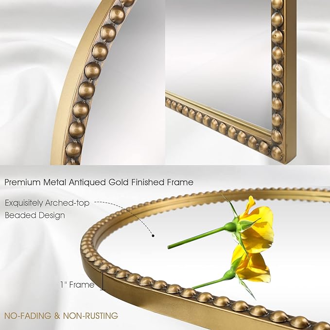 Arched Wall Mirror for Bathroom - 24"x36" Metal Beaded Frame Decorative Accent Mirror, Large Modern Rustic Distressed Hanging Wall Decor for Washroom, Bedroom, Living Room, Entryway, Antique Gold